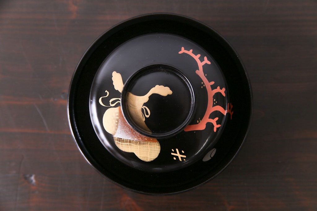 和製アンティーク　黒漆器　赤珊瑚が描かれた木製碗5客セット(漆器)