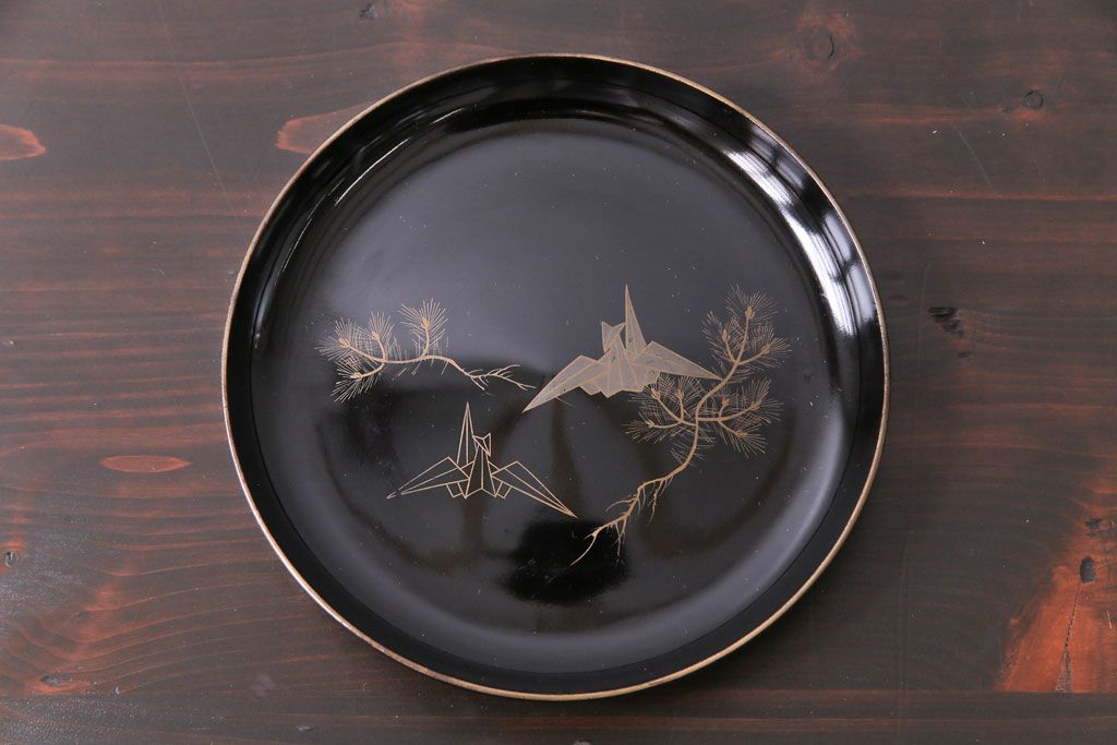 和製アンティーク　大正昭和初期　蒔絵　折鶴の図柄が可愛らしい木製皿4枚セット(漆器)