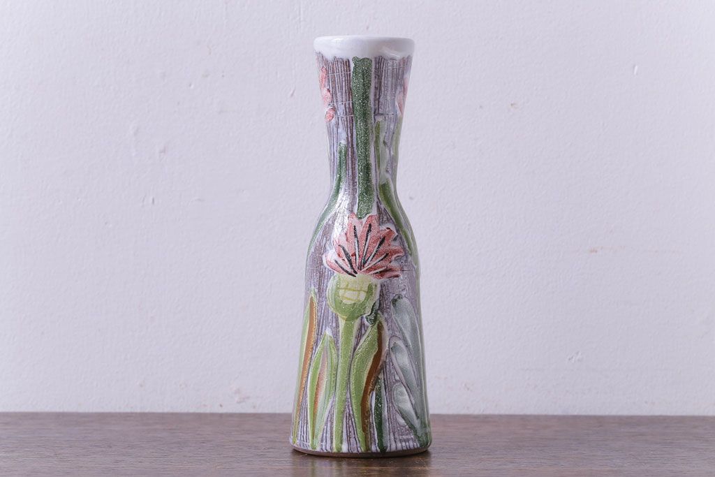アンティーク雑貨　北欧ビンテージ　LAHOLM(ラホルム)　おおらかさを感じる花の絵柄が可愛らしいフラワーベース(花瓶)