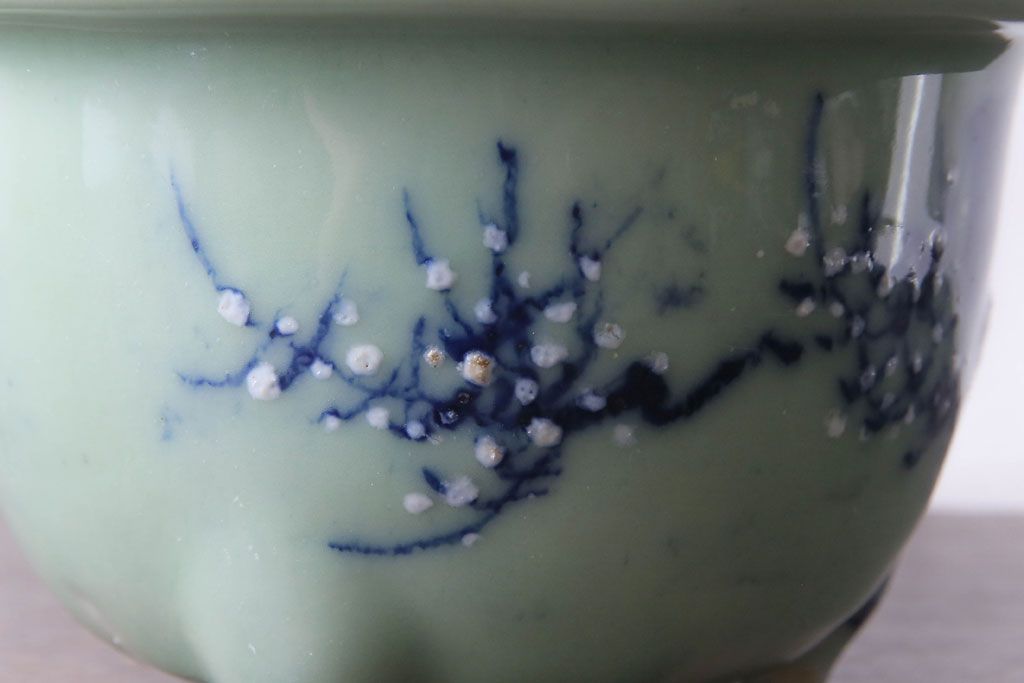 アンティーク雑貨　和製アンティーク　梅の図　渋さのある青磁盆栽鉢(植木鉢)