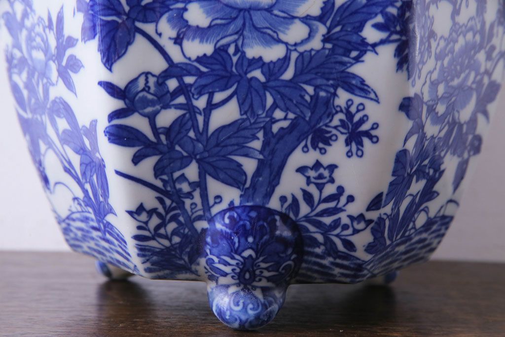 アンティーク雑貨　和製アンティーク　様々な草花が描かれた上品な六角植木鉢