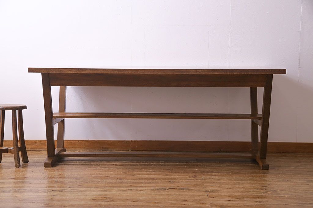昭和レトロ　ホワイトオーク材　学校の作業台をリメイクしたダイニングテーブル(机、作業台)(1)