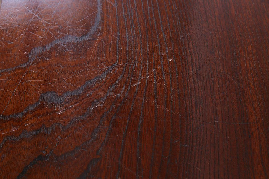 アンティーク家具　昭和中期　漆塗り　くっきりとした木目が美しいケヤキ材一枚板の鉄脚ベンチ(板座チェア、飾り台)