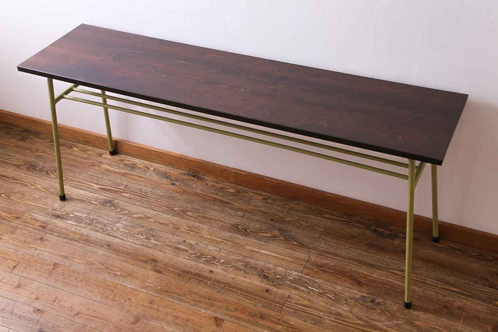 アンティーク家具　ヒノキ無垢材　コントラストが鮮やかなペイント鉄脚テーブル(作業台、カウンターテーブル)