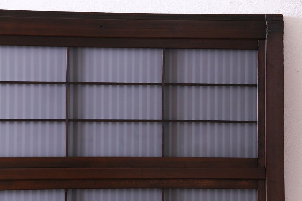 和製アンティーク　板ガラス裏障子留め　細身の桟が美しいオリジナル花ガラス入り格子戸(ガラス帯戸、引き戸、建具)2枚組