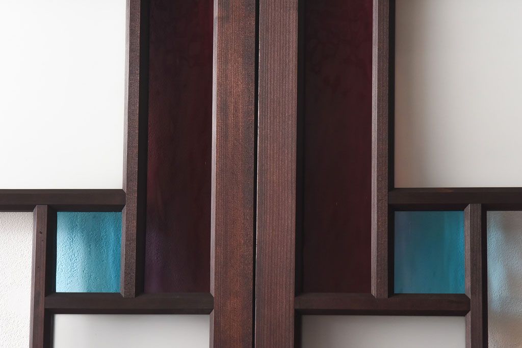 ラフジュ工房オリジナル　色ガラスがポイントになったレトロな引き戸(建具、ガラス戸)2枚セット(2)