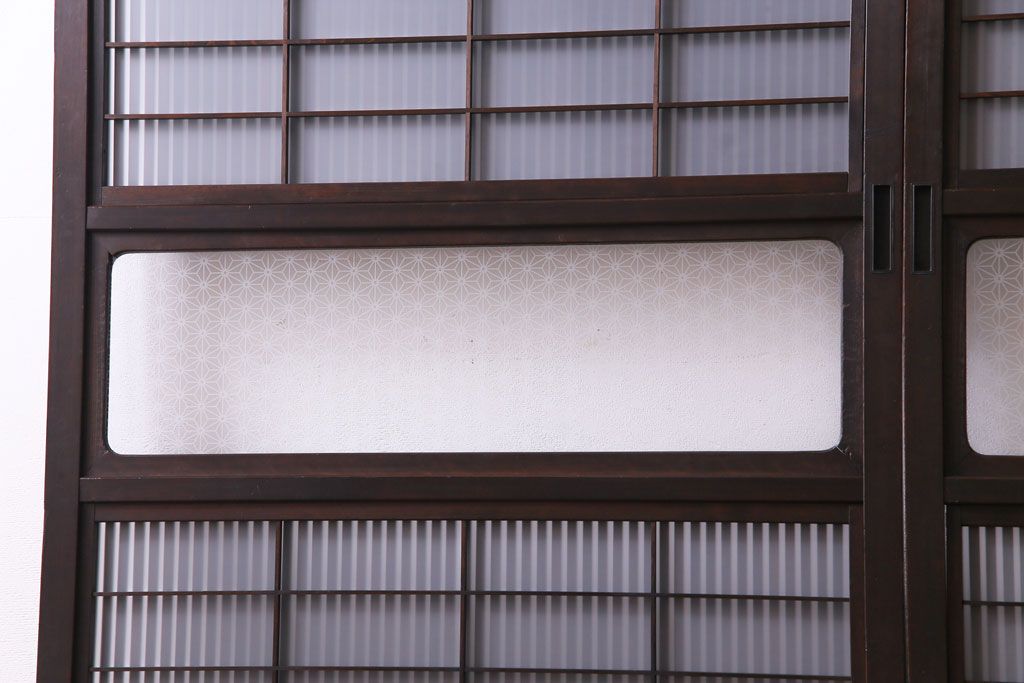 和製アンティーク　板ガラス裏障子留め　組子モチーフのデザインガラス入り格子戸2枚セット(帯戸、引き戸、建具)