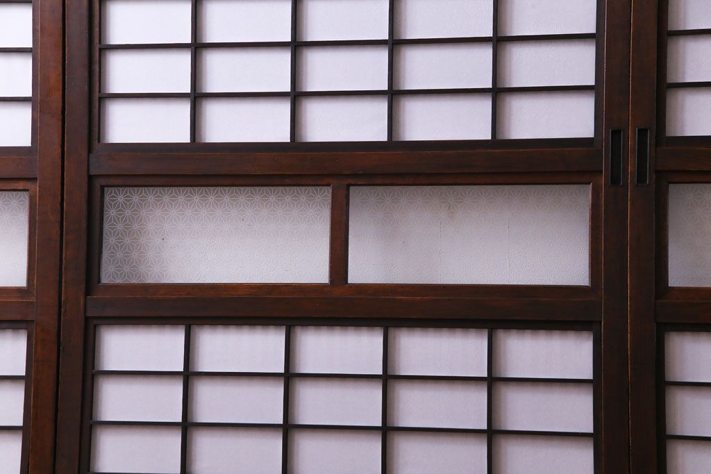 和製アンティーク　裏障子付き　花ガラスが上品な格子戸(ガラス帯戸、引き戸)4枚セット