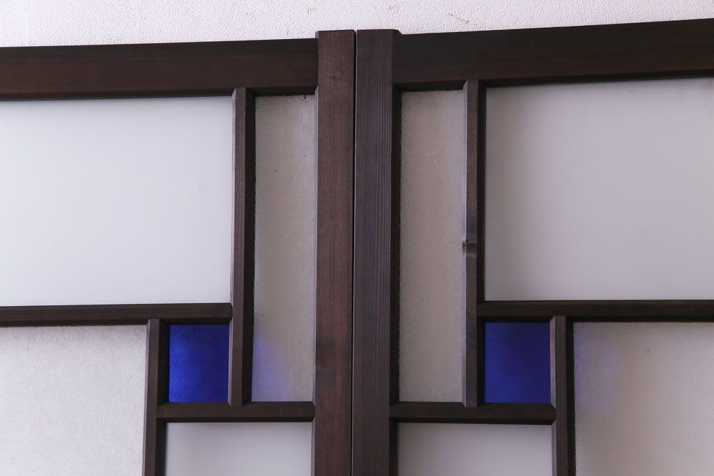 ラフジュ工房オリジナル　青い色ガラスがアクセントのシックな引き戸(建具、ガラス戸)4枚セット