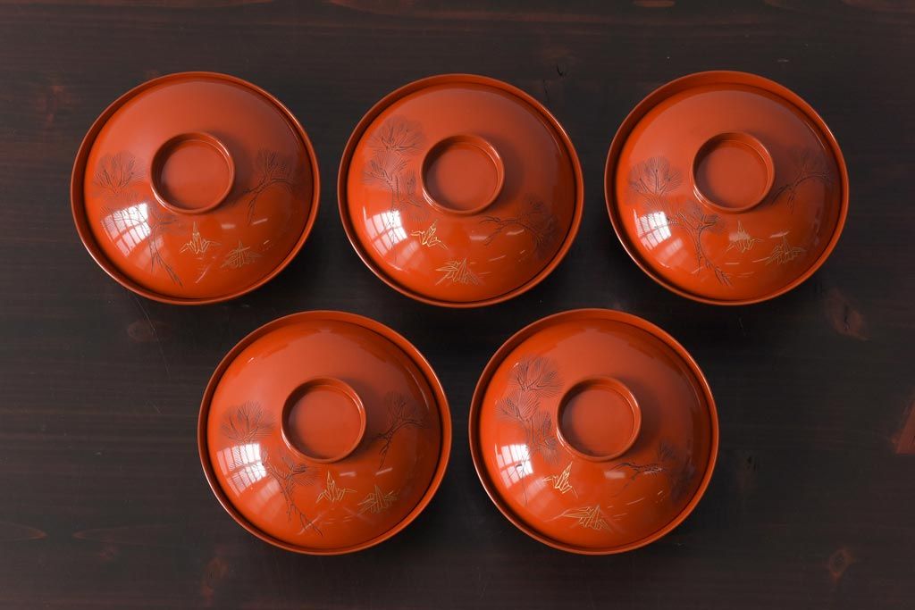 和製アンティーク　鶴松亀　朱塗りの木製椀(漆器、和食器)5客セット