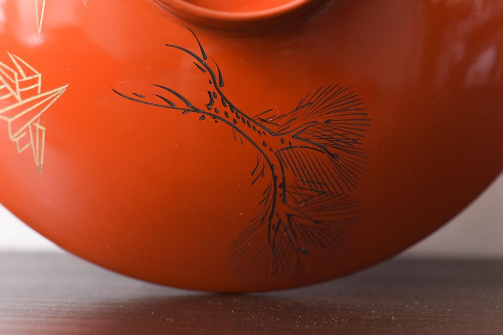 和製アンティーク　鶴松亀　朱塗りの木製椀(漆器、和食器)5客セット