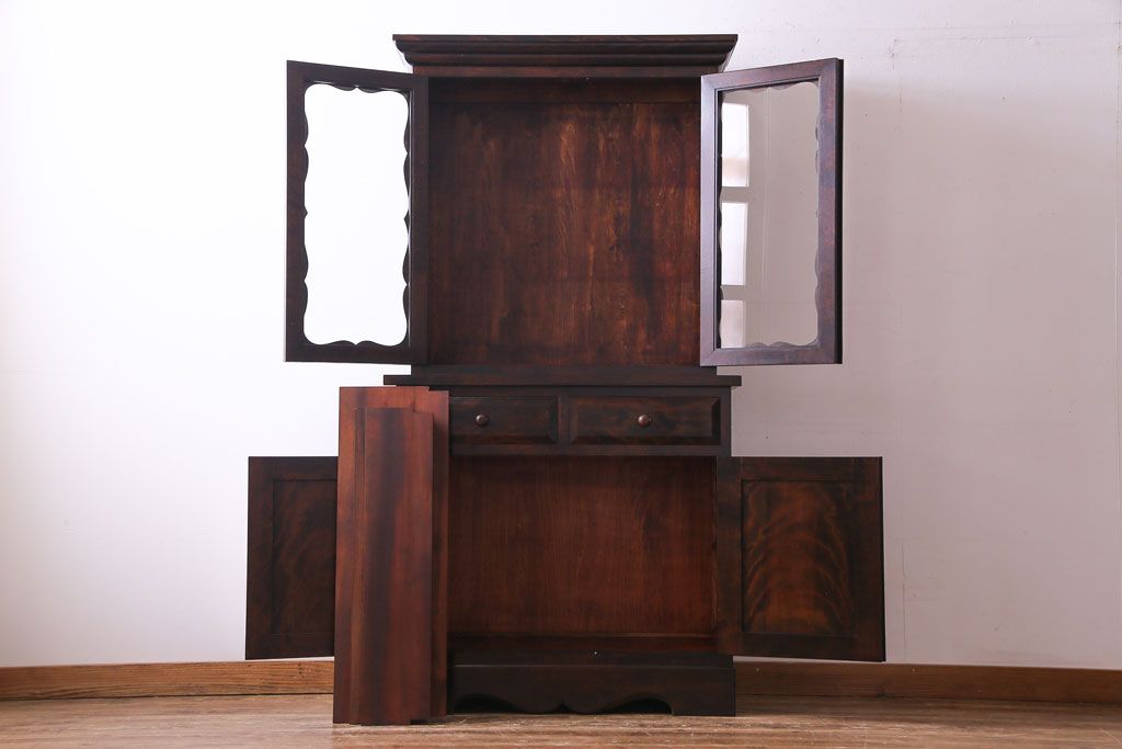 中古　松本民芸家具　#58型　お洒落な扉が印象的な食器棚(カップボード、収納棚)