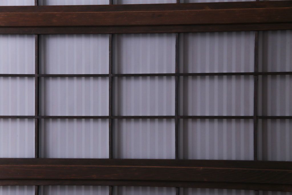 和製アンティーク　板ガラス裏障子留め　オリジナル花ガラス入り格子戸2枚セット(引き戸、ガラス帯戸、仕切り戸)
