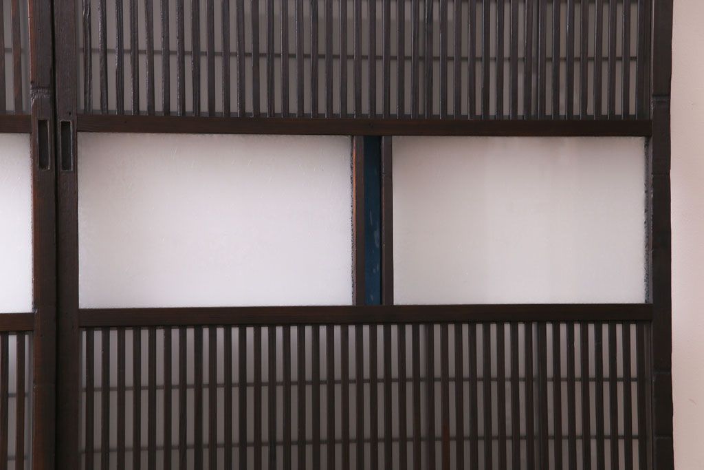 昭和期　板ガラス裏障子留め　色ガラスがアクセントになった格子帯戸(ガラス帯戸、格子戸、引き戸、建具)2枚組