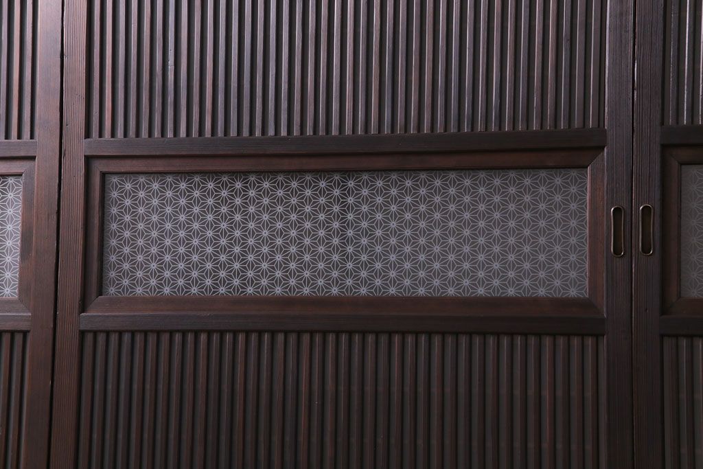 昭和レトロ　板ガラス裏障子留め　懐かしさを感じる麻の葉ガラス入り格子帯戸(ガラス帯戸、格子戸、引き戸、建具)4枚組
