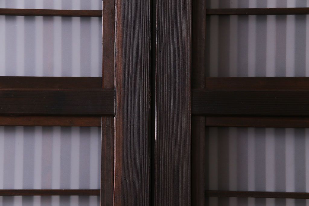 昭和レトロ　板ガラス裏障子留め　懐かしさを感じる麻の葉ガラス入り格子帯戸(ガラス帯戸、格子戸、引き戸、建具)4枚組