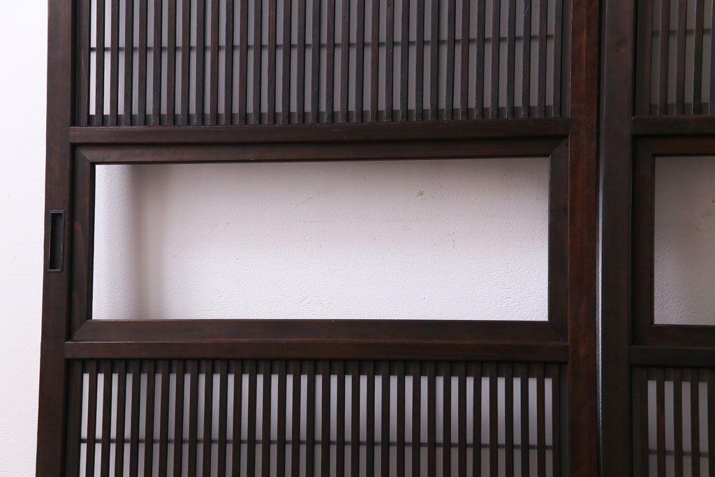 昭和期　板ガラス裏障子留め　幅狭!縦桟が美しいシンプルなガラス入り格子戸(ガラス帯戸、引き戸、建具)4枚組