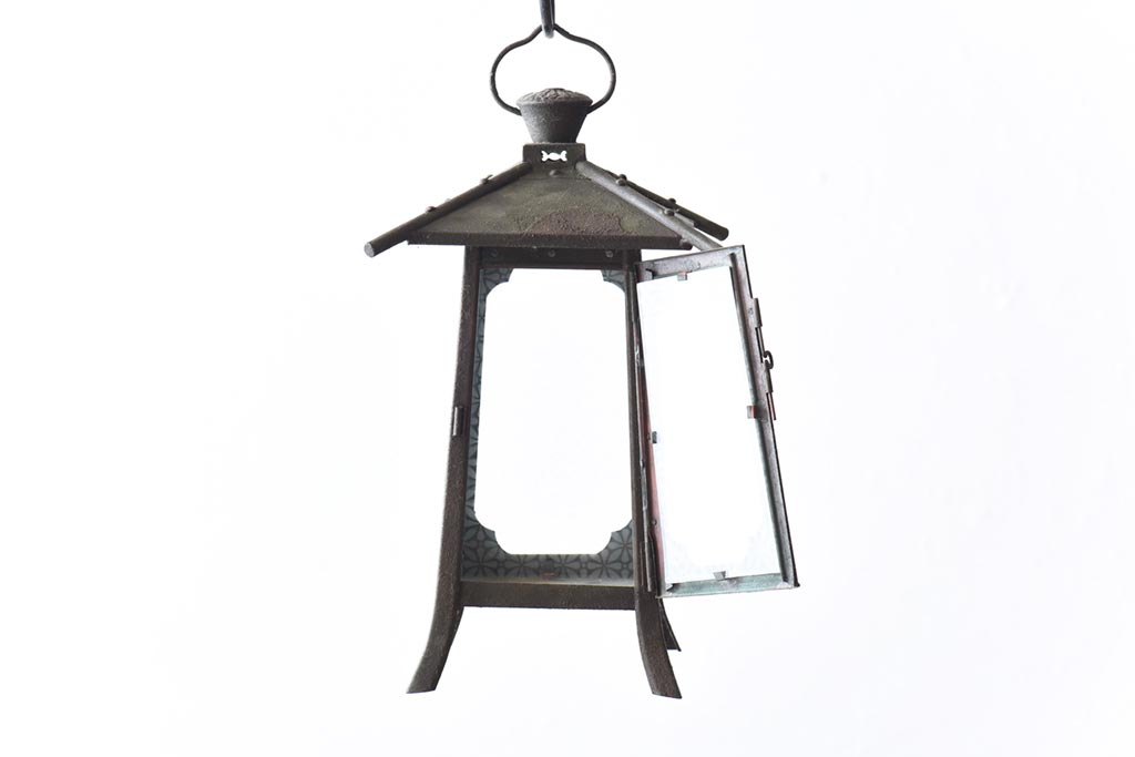 アンティーク雑貨　和製アンティーク　ラフジュオリジナルガラス入りリメイク　和モダンな吊り灯籠(照明、ディスプレイ)(2)