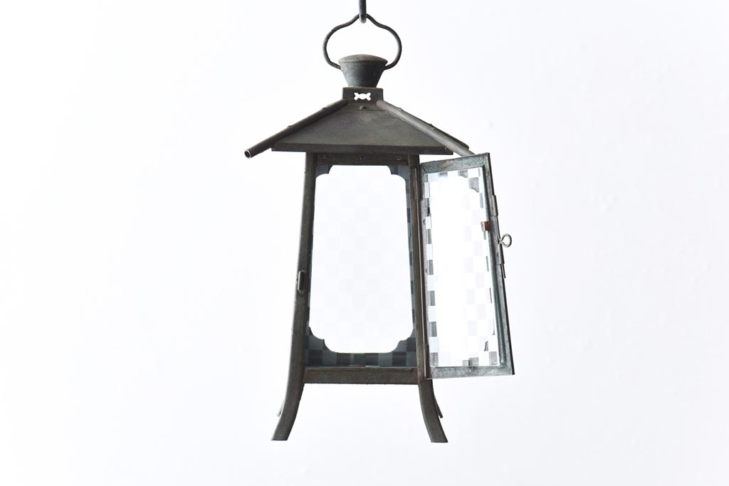 アンティーク雑貨　和製アンティーク　ラフジュオリジナルガラス入りリメイク　和モダンな吊り灯籠(照明、ディスプレイ)(3)