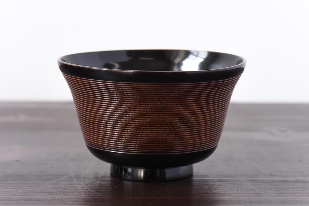 【D様ご成約分】和製アンティーク　シックな色合いが魅力的な木製糸目椀(漆器、和食器)5客セット(1)