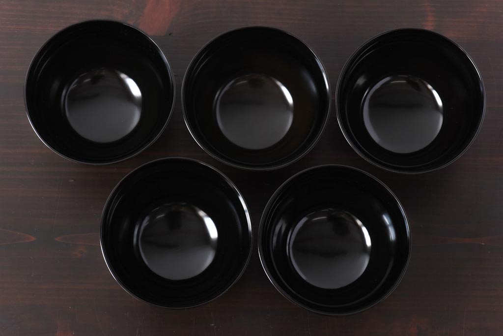 【D様ご成約分】和製アンティーク　シックな色合いが魅力的な木製糸目椀(漆器、和食器)5客セット(3)