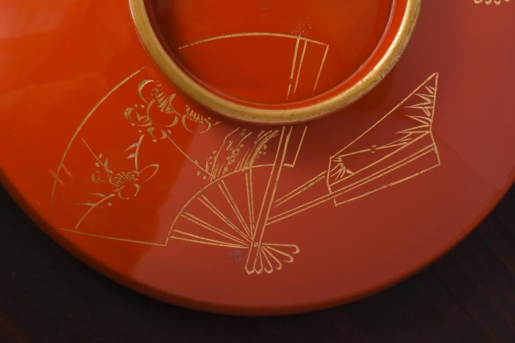 和製アンティーク　扇の図　沈金蒔絵　繊細な装飾が美しい蓋付き木製椀(漆器、和食器)4客セット