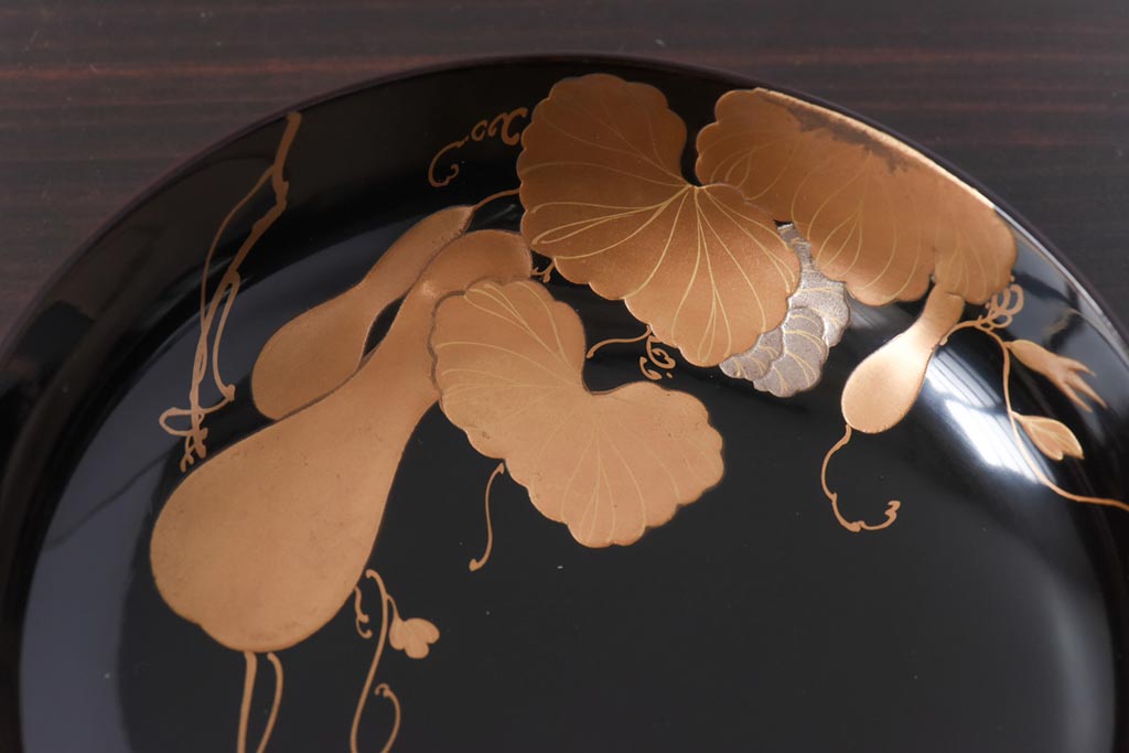 和製アンティーク　輪島塗　高蒔絵　瓢箪の図　上質な蓋付き木製椀(漆器、和食器)5客セット(2)