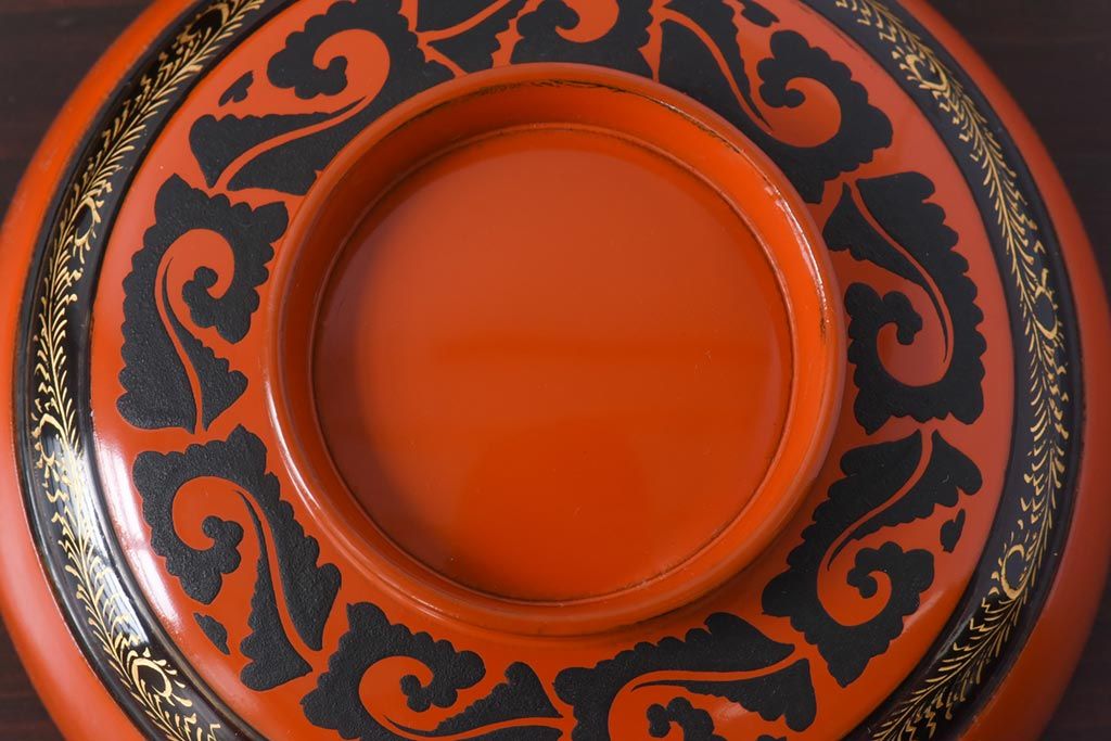 和製アンティーク　沈金蒔絵　波模様がユニークな蓋付き木製椀(漆器、和食器)4客セット