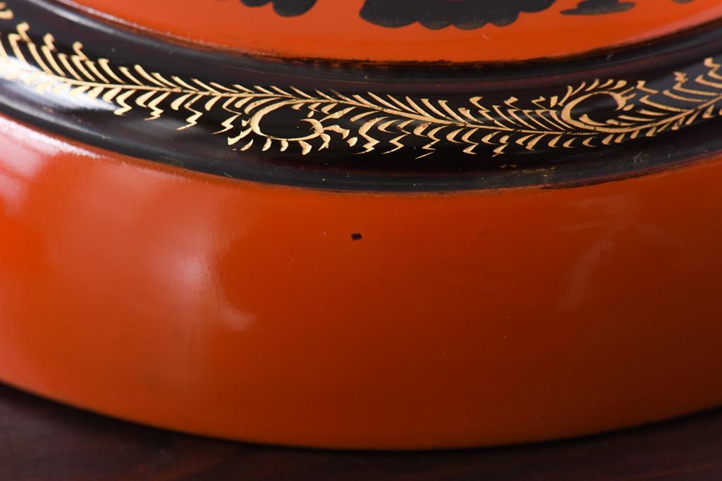 和製アンティーク　沈金蒔絵　波模様がユニークな蓋付き木製椀(漆器、和食器)5客セット(1)