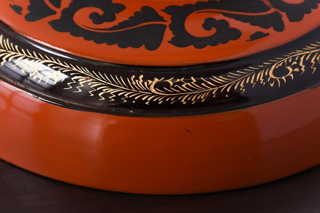 和製アンティーク　沈金蒔絵　波模様がユニークな蓋付き木製椀(漆器、和食器)5客セット(2)