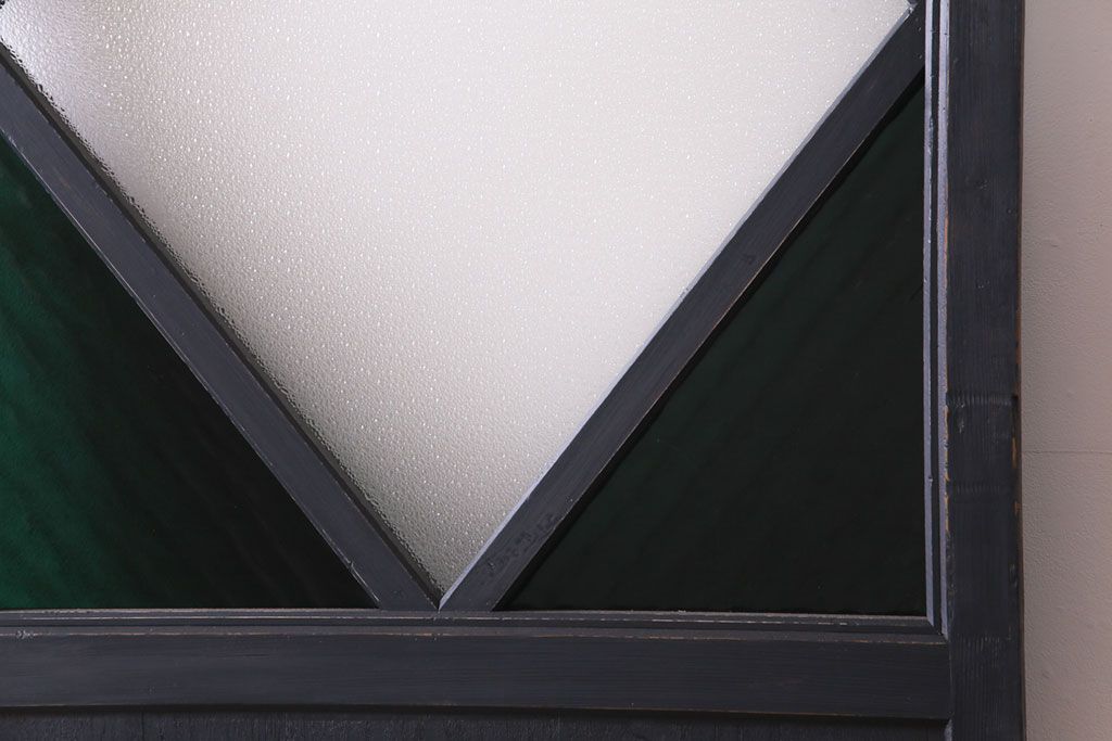 和製アンティーク　リメイク　色ガラス入りの大きなペイントガラス戸(引き戸、建具、玄関戸)