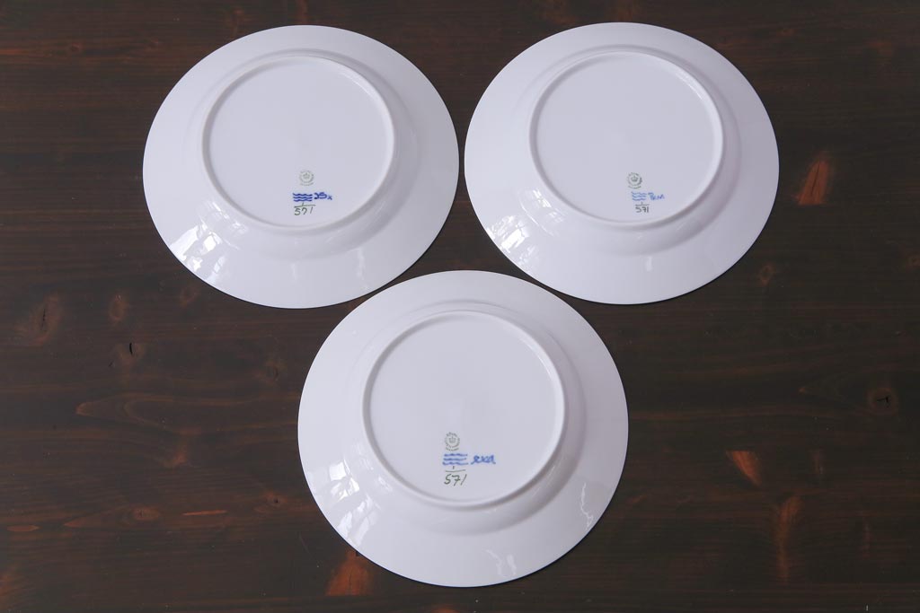 中古　ROYAL COPENHAGEN(ロイヤルコペンハーゲン)　ブルーフルーテッド　ハーフレース　プレート3枚セット(皿、洋食器)(定価約6万5千円)