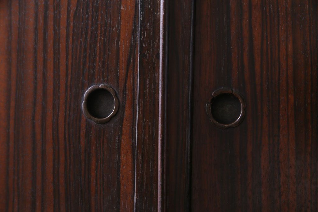 レトロ家具　昭和レトロ　縞黒檀材　麻の葉模様　和の風情感じる上質な茶箪笥(収納棚、戸棚、茶棚)