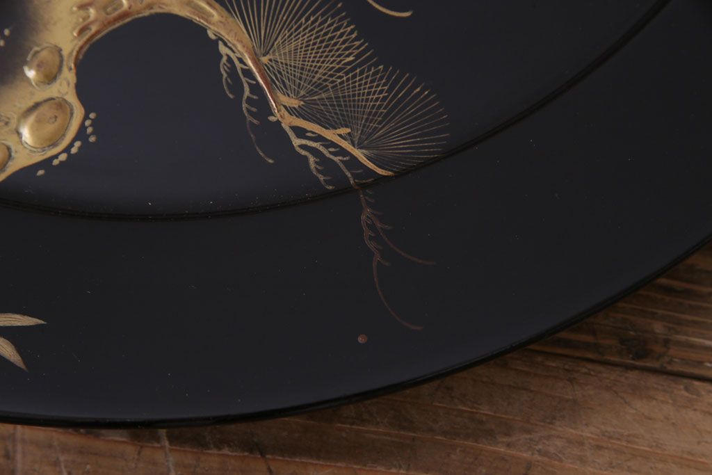 アンティーク雑貨　和製アンティーク　螺鈿入り　鶴・松の図　金彩高蒔絵木製大皿(漆器、和食器)