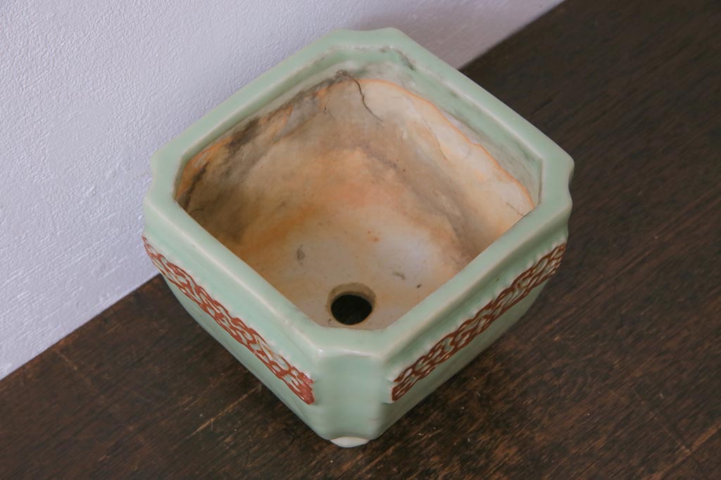 アンティーク雑貨　昭和レトロ　モダンな模様が目を引く青磁の植木鉢