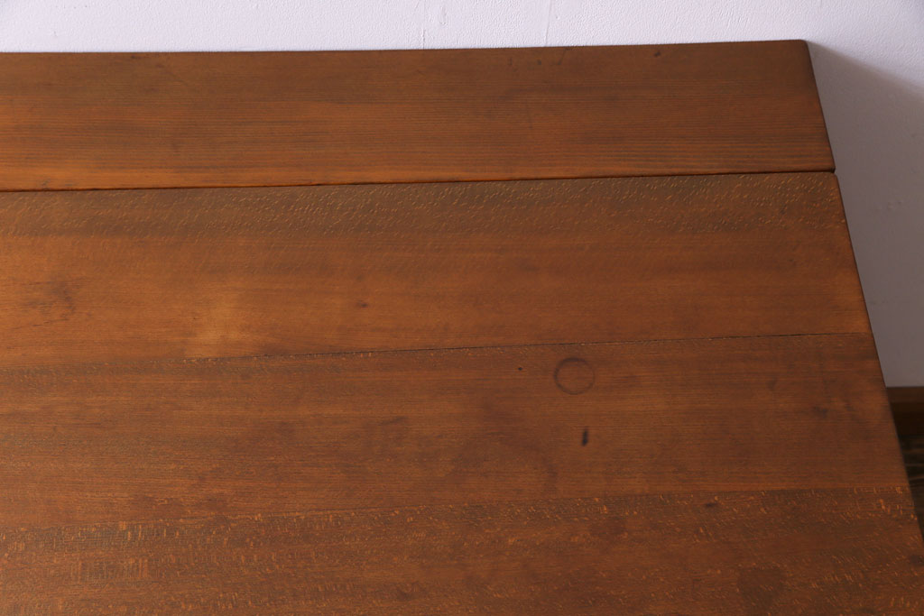 レトロ家具　昭和レトロ　ブナ材　どっしりとした構えが魅力的な補助天板付き片袖机(ワークデスク、在宅ワーク、在宅用、カウンターテーブル、作業台)