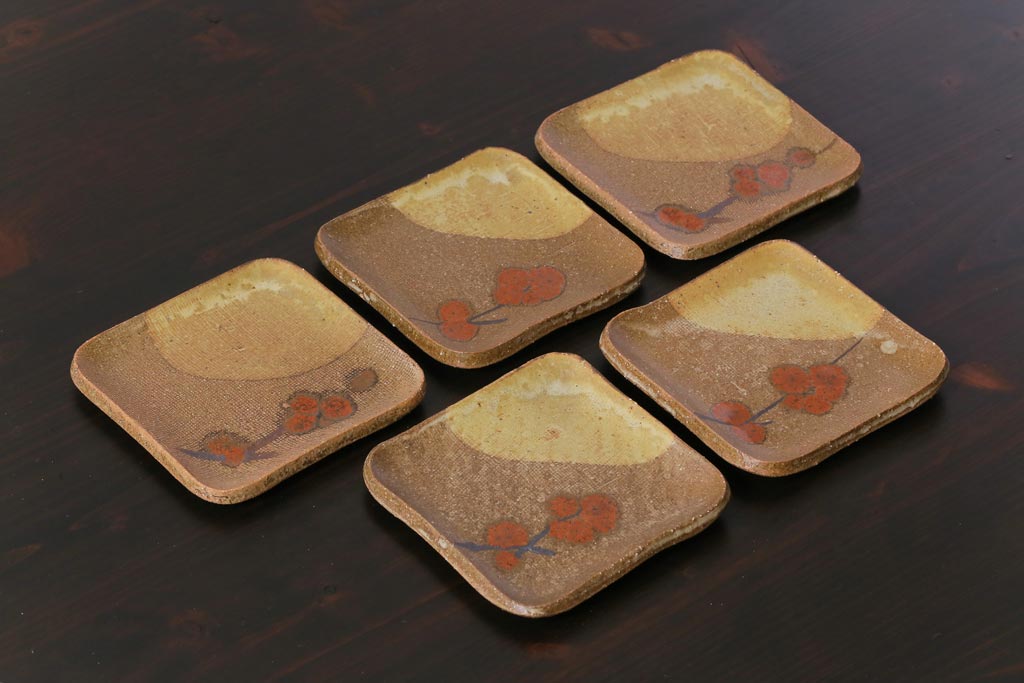 美品　昭和期　笠間焼　中野晃嗣　共箱付き梅文銘々皿(小皿、豆皿、和食器)5枚セット