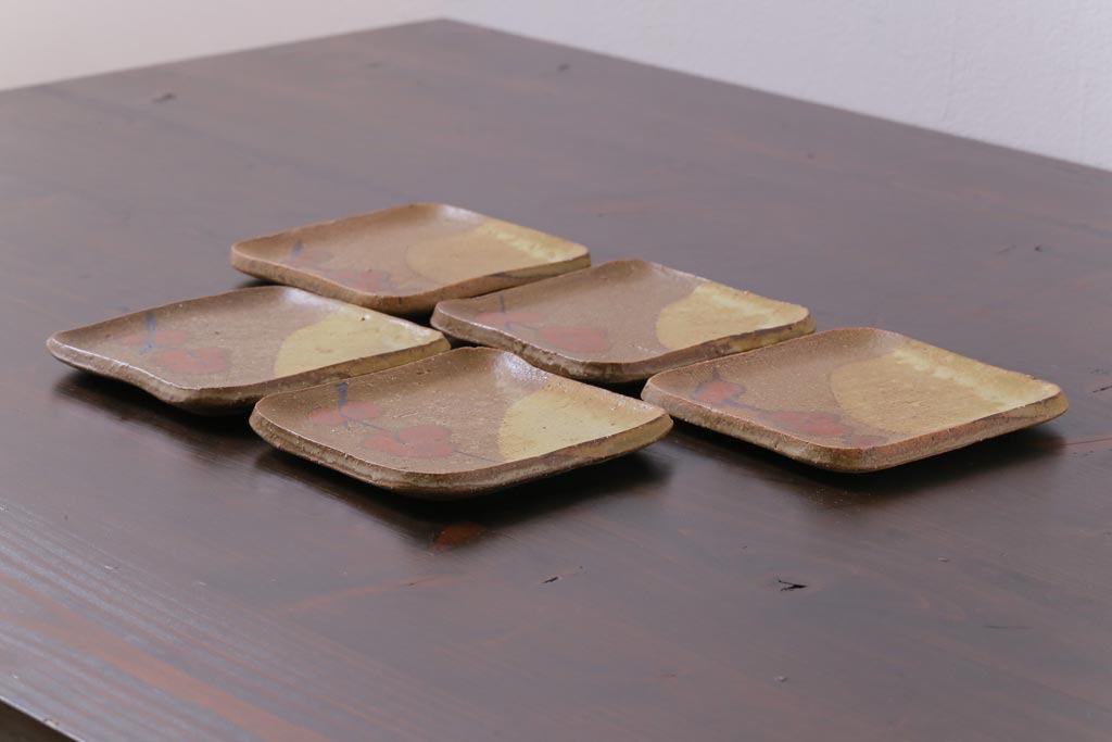 美品　昭和期　笠間焼　中野晃嗣　共箱付き梅文銘々皿(小皿、豆皿、和食器)5枚セット