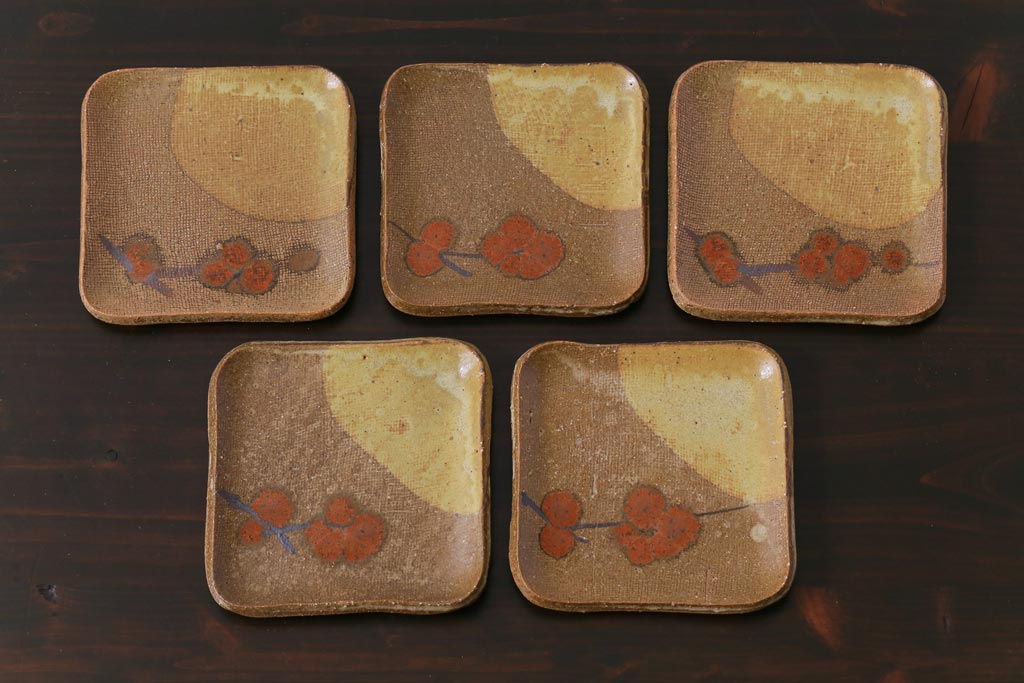 美品　昭和期　笠間焼　中野晃嗣　共箱付き梅文銘々皿(小皿、豆皿、和食器)5枚セット