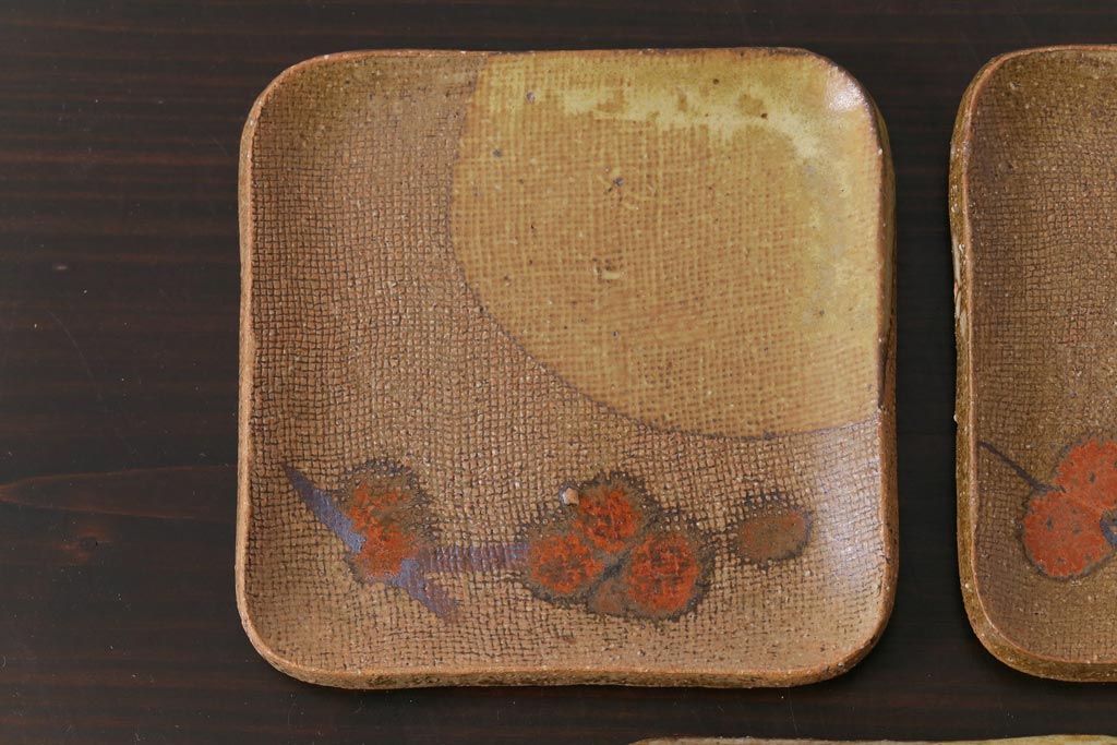 美品　昭和期　笠間焼　中野晃嗣　共箱付き梅文銘々皿(小皿、豆皿、和食器)5枚セット