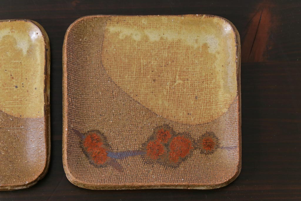 美品　昭和期　笠間焼　中野晃嗣　共箱付き梅文銘々皿(小皿、豆皿、和食器)5枚セット