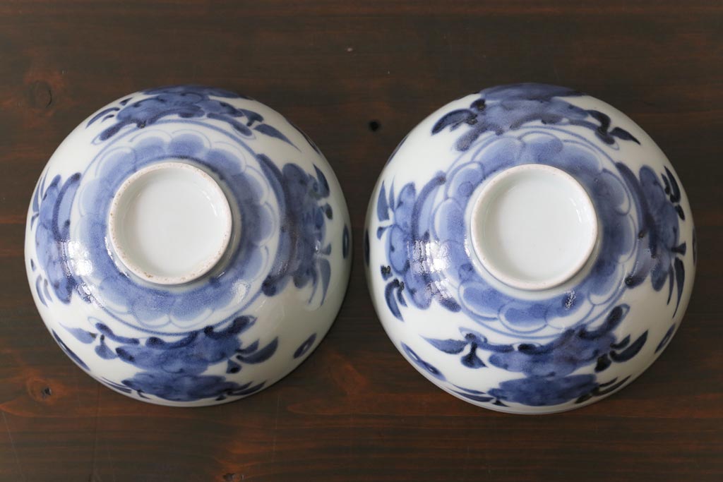 和製アンティーク　江戸期　染付　優しい色合いが親しみ感じる蓋茶碗2客セット(和食器)