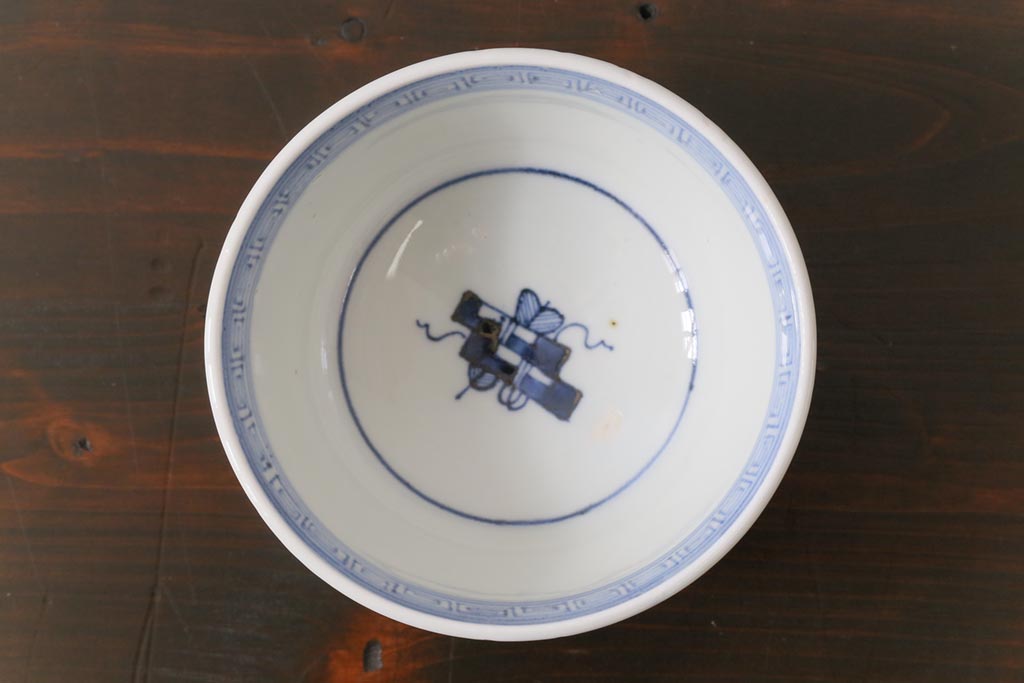 古民具・骨董　幕末明治期　味のある絵柄のアンティーク蓋付茶碗2客セット(和食器)(2)