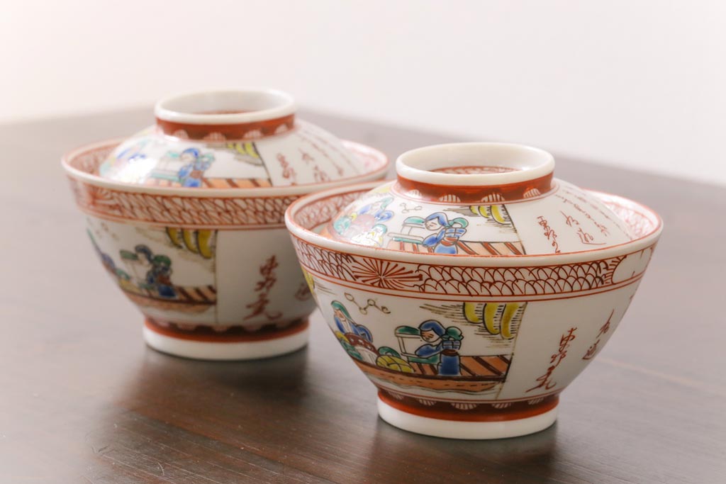幕末明治期　赤絵染付　味わいある絵柄の蓋茶碗2客セット(和食器)(1)