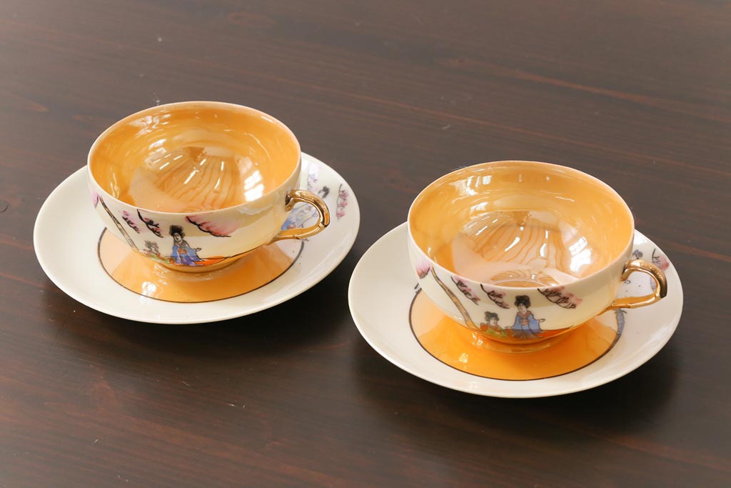 アンティーク雑貨　和製アンティーク　大正昭和初期　パールのように輝くカップ&ソーサー2客セット(2)