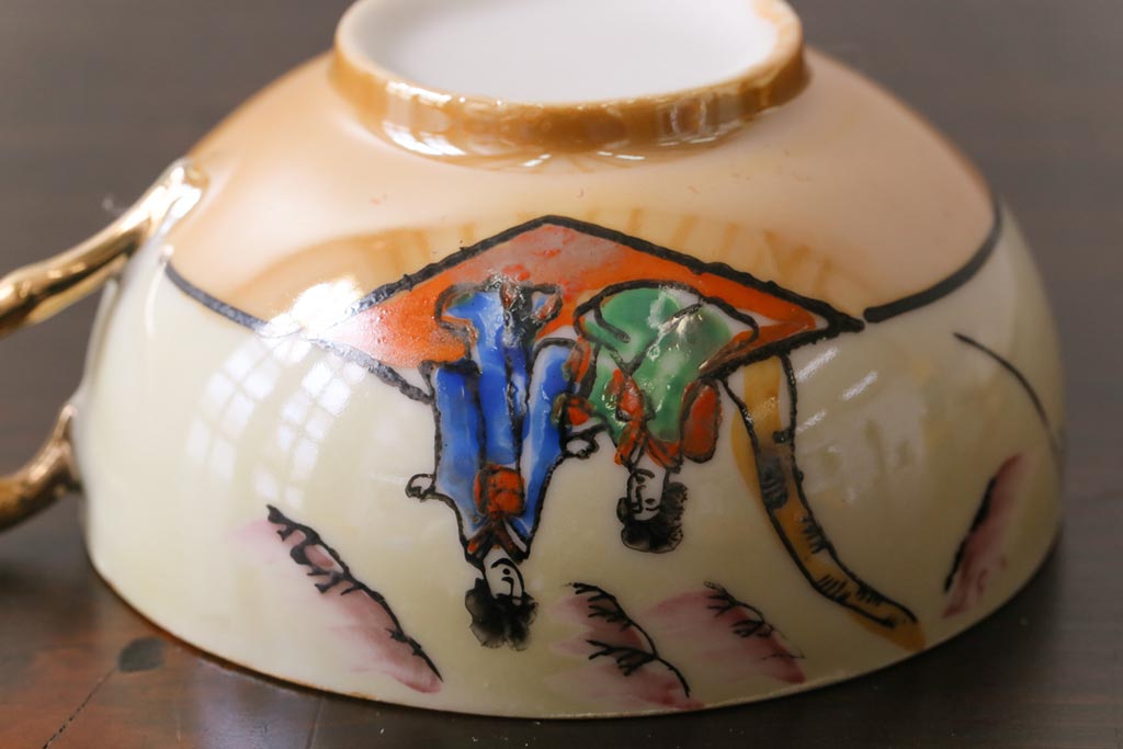 和製アンティーク　大正昭和初期　日本趣味の絵柄が魅力的なカップ&ソーサー2客セット