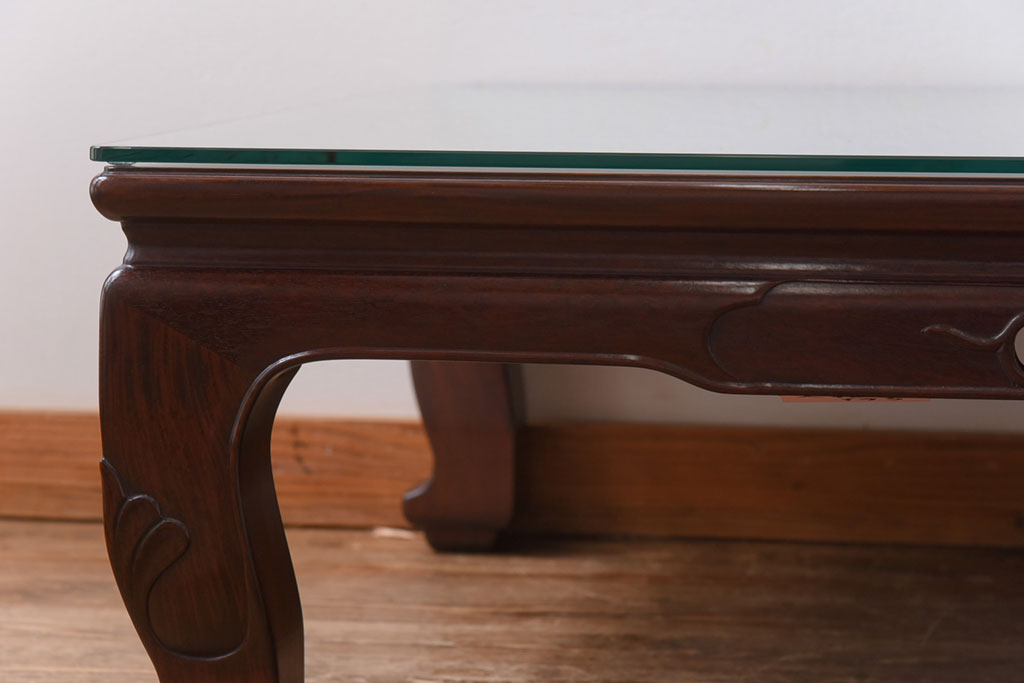 中古　大阪唐木指物　カリン材　つややかな漆塗りと品のよい装飾の座卓(ローテーブル、花梨材)(定価約90万円)