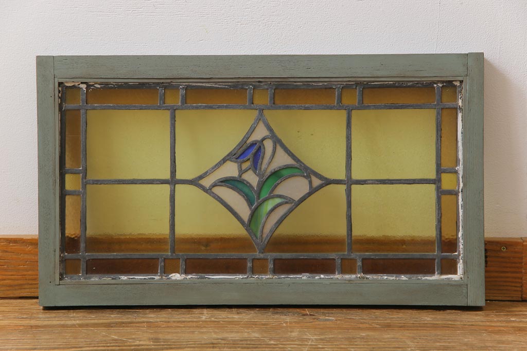 アンティーク雑貨 和製アンティーク 花のアクセントがかわいらしいステンドグラス(フィックス窓、明り取り、はめ殺し)(2) ラフジュ工房