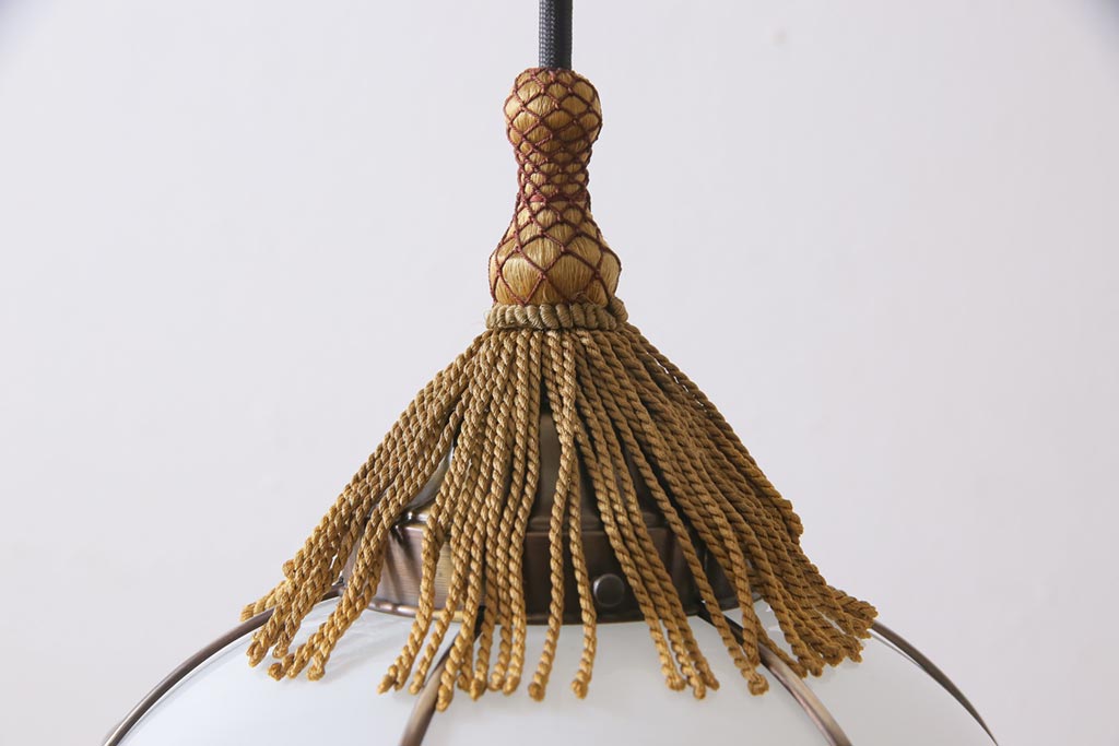 和製アンティーク　戦前　銅巻き　珍しいデザインのタッセル(飾り房)付き天井照明(吊り照明、電笠、シェード)