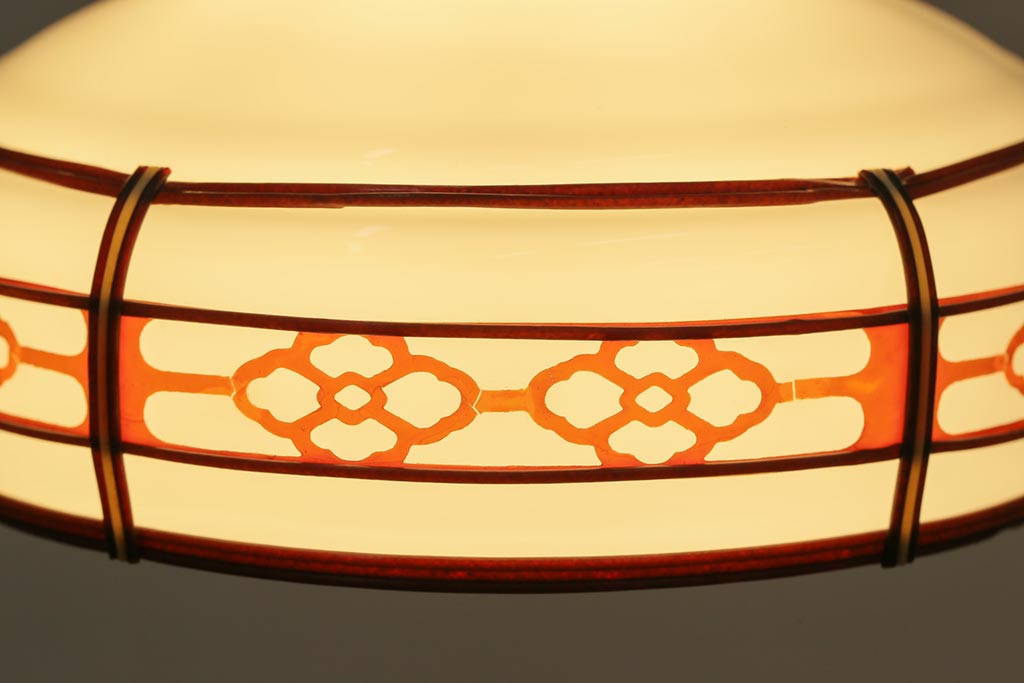 昭和レトロ　朱赤の花菱模様が愛らしいガラスのペンダントライト(天井照明、吊り下げ照明)
